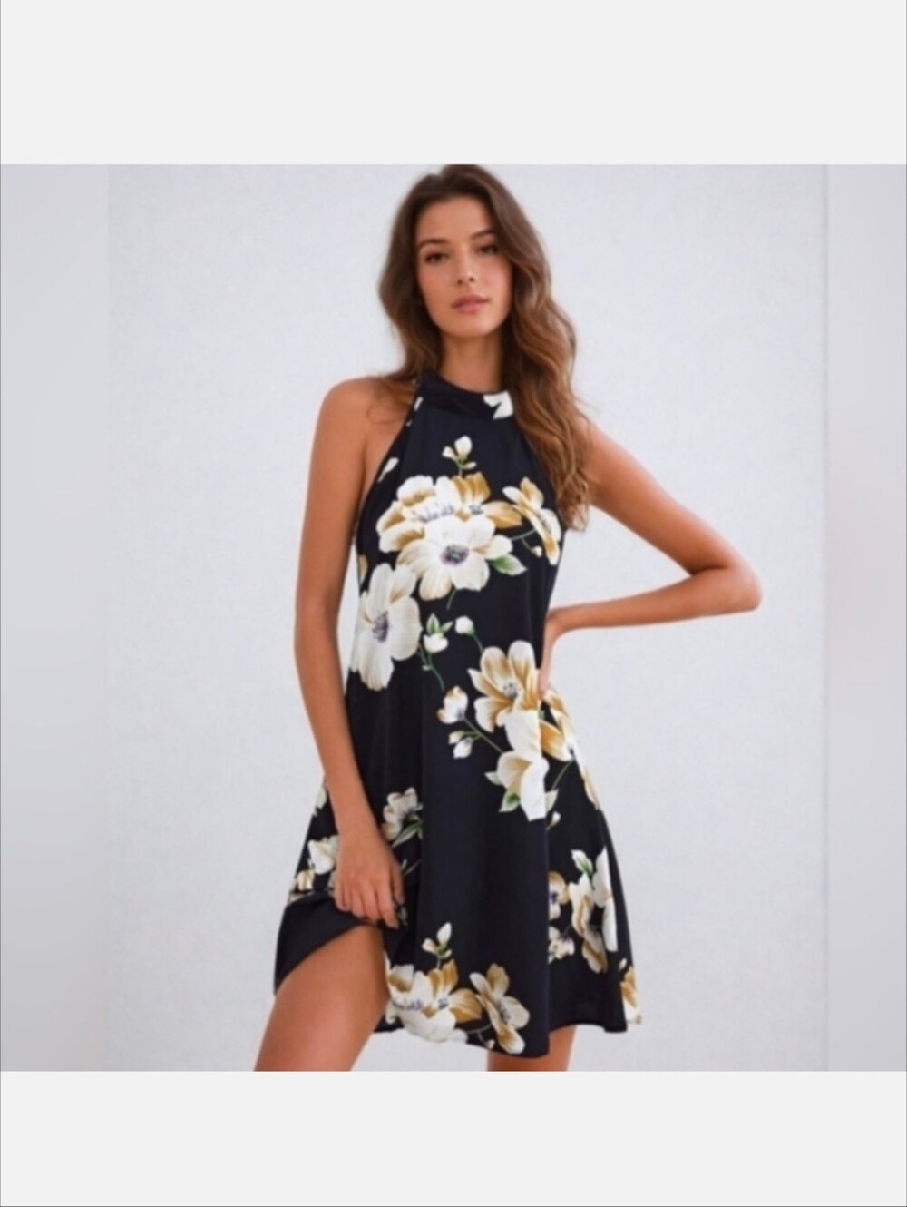 Floral Halter Swing Dress - Black/White